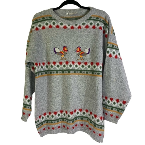 BLUE SEVEN‎ Wool Blend Crew Neck Rooster Chicken Valentines Italian Made Sweater - Picture 1 of 12